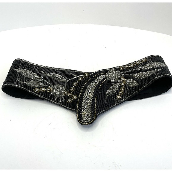 Vintage Jeromes Black Beaded Embellished Statement Belt Size 26 - Picture 1 of 9